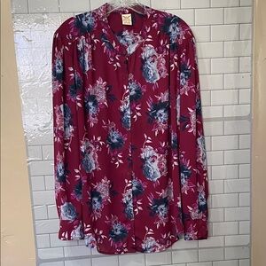 Faded Glory Maroon Blue Floral Long Sleeve Button Up Blouse semi sheer Shirt 2X
